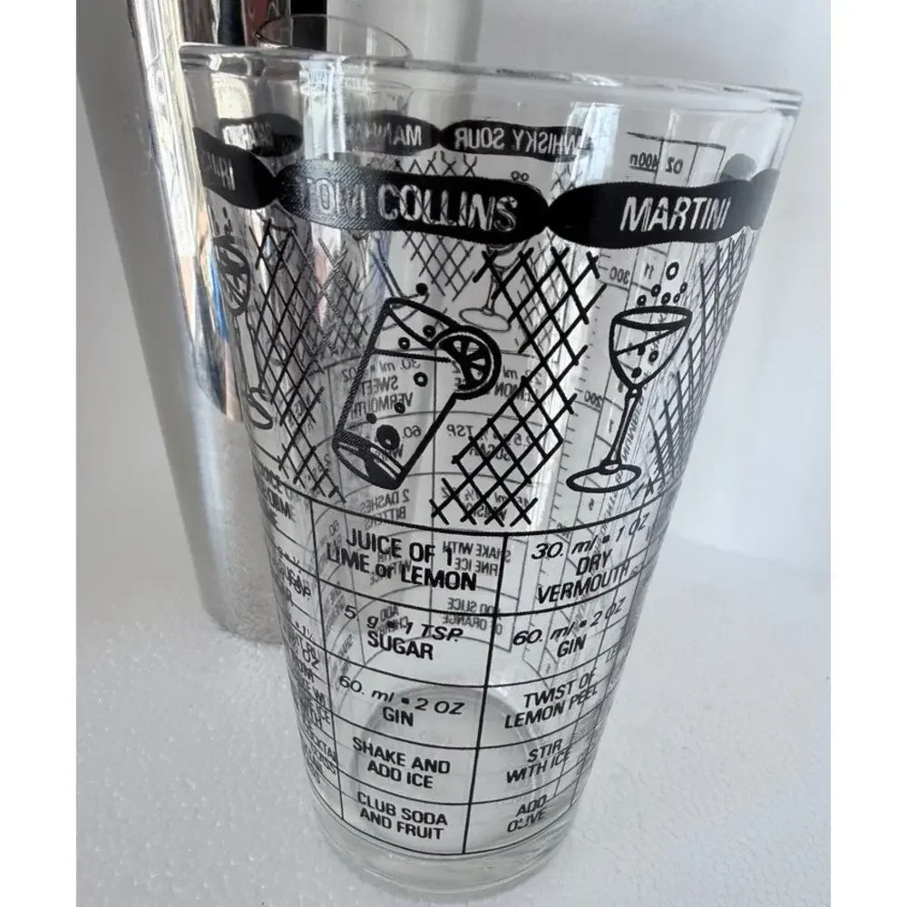Vtg MCM Irvinware Boston Shaker Glass Stainless Steel Recipe OZ Cocktail Barware